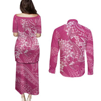 Pink Polynesia Hammerhead Shark Tattoo With Plumeria Lei Couples Matching Puletasi and Long Sleeve Button Shirt LT14 - Polynesian Pride