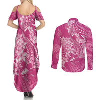 Pink Polynesia Hammerhead Shark Tattoo With Plumeria Lei Couples Matching Summer Maxi Dress and Long Sleeve Button Shirt LT14 - Polynesian Pride