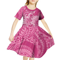 Pink Polynesia Hammerhead Shark Tattoo With Plumeria Lei Kid Short Sleeve Dress LT14 - Polynesian Pride