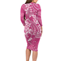 Pink Polynesia Hammerhead Shark Tattoo With Plumeria Lei Long Sleeve Bodycon Dress