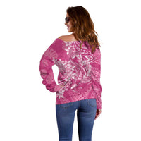 Pink Polynesia Hammerhead Shark Tattoo With Plumeria Lei Off Shoulder Sweater