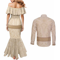 Mauri Ribaberiki Kiribati Couples Matching Mermaid Dress and Long Sleeve Button Shirt Cowrie Shells Lei Palm Leaf Weaving