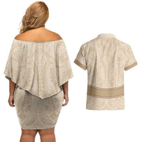 Mauri Ribaberiki Kiribati Couples Matching Off Shoulder Short Dress and Hawaiian Shirt Cowrie Shells Lei Palm Leaf Weaving