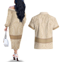 Mauri Ribaberiki Kiribati Couples Matching Off The Shoulder Long Sleeve Dress and Hawaiian Shirt Cowrie Shells Lei Palm Leaf Weaving