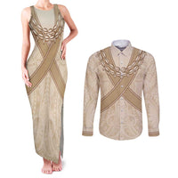 Mauri Ribaberiki Kiribati Couples Matching Tank Maxi Dress and Long Sleeve Button Shirt Cowrie Shells Lei Palm Leaf Weaving