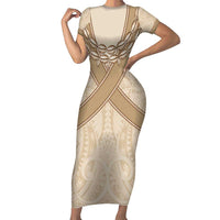 Mauri Ribaberiki Kiribati Short Sleeve Bodycon Dress Cowrie Shells Lei Palm Leaf Weaving