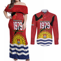 Mauri Kiribati Independence Day Couples Matching Off Shoulder Maxi Dress and Long Sleeve Button Shirt 1979 Proud National Frigatebird