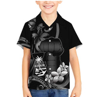 Black Hafa Adai Guam Family Matching Mermaid Dress and Hawaiian Shirt Chamorro Latte Stone Hand With Plumeria