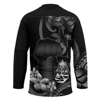 Black Hafa Adai Guam Hockey Jersey Chamorro Latte Stone Hand With Plumeria LT14 - Polynesian Pride
