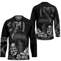 Black Hafa Adai Guam Hockey Jersey Chamorro Latte Stone Hand With Plumeria LT14 - Polynesian Pride
