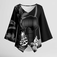 Black Hafa Adai Guam Kimono Sleeve Blouse Chamorro Latte Stone Hand With Plumeria LT14 Female Black - Polynesian Pride