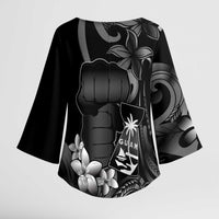 Black Hafa Adai Guam Kimono Sleeve Blouse Chamorro Latte Stone Hand With Plumeria LT14 - Polynesian Pride