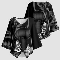 Black Hafa Adai Guam Kimono Sleeve Blouse Chamorro Latte Stone Hand With Plumeria LT14 - Polynesian Pride