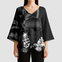 Black Hafa Adai Guam Kimono Sleeve Blouse Chamorro Latte Stone Hand With Plumeria LT14 - Polynesian Pride