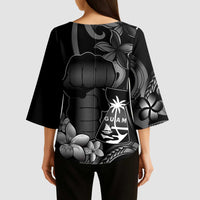 Black Hafa Adai Guam Kimono Sleeve Blouse Chamorro Latte Stone Hand With Plumeria LT14 - Polynesian Pride