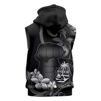 Black Hafa Adai Guam Sleeveless Hoodie Chamorro Latte Stone Hand With Plumeria - Polynesian Pride