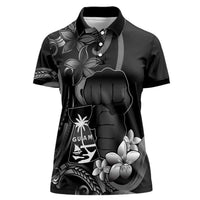 Black Hafa Adai Guam Women Polo Shirt Chamorro Latte Stone Hand With Plumeria