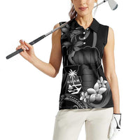 Black Hafa Adai Guam Women Sleeveless Polo Shirt Chamorro Latte Stone Hand With Plumeria