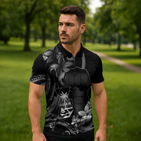 Black Hafa Adai Guam Zipper Polo Shirt Chamorro Latte Stone Hand With Plumeria - Polynesian Pride