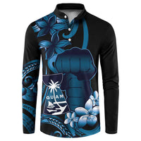 Blue Hafa Adai Guam Button Sweatshirt Chamorro Latte Stone Hand With Plumeria