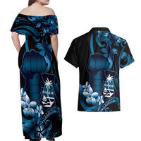 Blue Hafa Adai Guam Couples Matching Off Shoulder Maxi Dress and Hawaiian Shirt Chamorro Latte Stone Hand With Plumeria