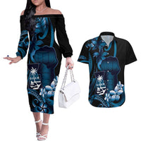Blue Hafa Adai Guam Couples Matching Off The Shoulder Long Sleeve Dress and Hawaiian Shirt Chamorro Latte Stone Hand With Plumeria