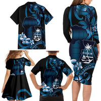 Blue Hafa Adai Guam Family Matching Long Sleeve Bodycon Dress and Hawaiian Shirt Chamorro Latte Stone Hand With Plumeria