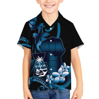 Blue Hafa Adai Guam Family Matching Off The Shoulder Long Sleeve Dress and Hawaiian Shirt Chamorro Latte Stone Hand With Plumeria