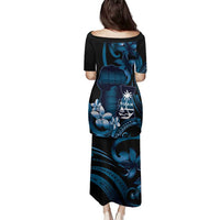 Blue Hafa Adai Guam Family Matching Puletasi and Hawaiian Shirt Chamorro Latte Stone Hand With Plumeria