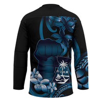 Blue Hafa Adai Guam Hockey Jersey Chamorro Latte Stone Hand With Plumeria LT14 - Polynesian Pride