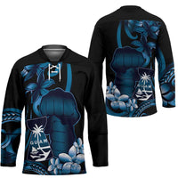 Blue Hafa Adai Guam Hockey Jersey Chamorro Latte Stone Hand With Plumeria LT14 - Polynesian Pride