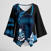 Blue Hafa Adai Guam Kimono Sleeve Blouse Chamorro Latte Stone Hand With Plumeria LT14 Female Blue - Polynesian Pride