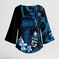 Blue Hafa Adai Guam Kimono Sleeve Blouse Chamorro Latte Stone Hand With Plumeria LT14 - Polynesian Pride