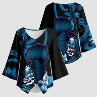 Blue Hafa Adai Guam Kimono Sleeve Blouse Chamorro Latte Stone Hand With Plumeria LT14 - Polynesian Pride