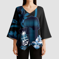 Blue Hafa Adai Guam Kimono Sleeve Blouse Chamorro Latte Stone Hand With Plumeria LT14 - Polynesian Pride