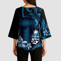 Blue Hafa Adai Guam Kimono Sleeve Blouse Chamorro Latte Stone Hand With Plumeria LT14 - Polynesian Pride