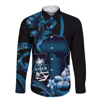 Blue Hafa Adai Guam Long Sleeve Button Shirt Chamorro Latte Stone Hand With Plumeria
