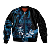 Blue Hafa Adai Guam Sleeve Zip Bomber Jacket Chamorro Latte Stone Hand With Plumeria