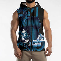 Blue Hafa Adai Guam Sleeveless Zip Hoodie Chamorro Latte Stone Hand With Plumeria LT14 - Polynesian Pride