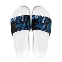 Blue Hafa Adai Guam Slide Sandals Chamorro Latte Stone Hand With Plumeria - Polynesian Pride