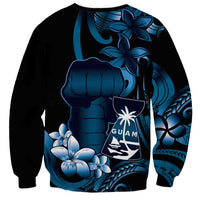 Blue Hafa Adai Guam Sweatshirt Chamorro Latte Stone Hand With Plumeria
