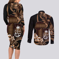 Brown Hafa Adai Guam Couples Matching Long Sleeve Bodycon Dress and Long Sleeve Button Shirt Chamorro Latte Stone Hand With Plumeria