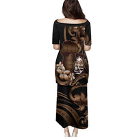 Brown Hafa Adai Guam Family Matching Puletasi and Hawaiian Shirt Chamorro Latte Stone Hand With Plumeria