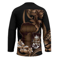 Brown Hafa Adai Guam Hockey Jersey Chamorro Latte Stone Hand With Plumeria LT14 - Polynesian Pride