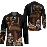 Brown Hafa Adai Guam Hockey Jersey Chamorro Latte Stone Hand With Plumeria LT14 - Polynesian Pride