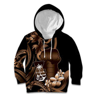 Brown Hafa Adai Guam Kid Hoodie Chamorro Latte Stone Hand With Plumeria