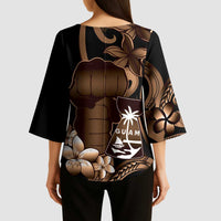 Brown Hafa Adai Guam Kimono Sleeve Blouse Chamorro Latte Stone Hand With Plumeria - Polynesian Pride
