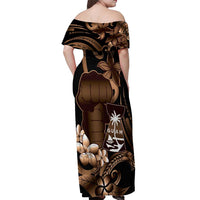 Brown Hafa Adai Guam Off Shoulder Maxi Dress Chamorro Latte Stone Hand With Plumeria