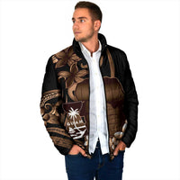 Brown Hafa Adai Guam Padded Jacket Chamorro Latte Stone Hand With Plumeria - Polynesian Pride