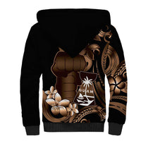 Brown Hafa Adai Guam Sherpa Hoodie Chamorro Latte Stone Hand With Plumeria